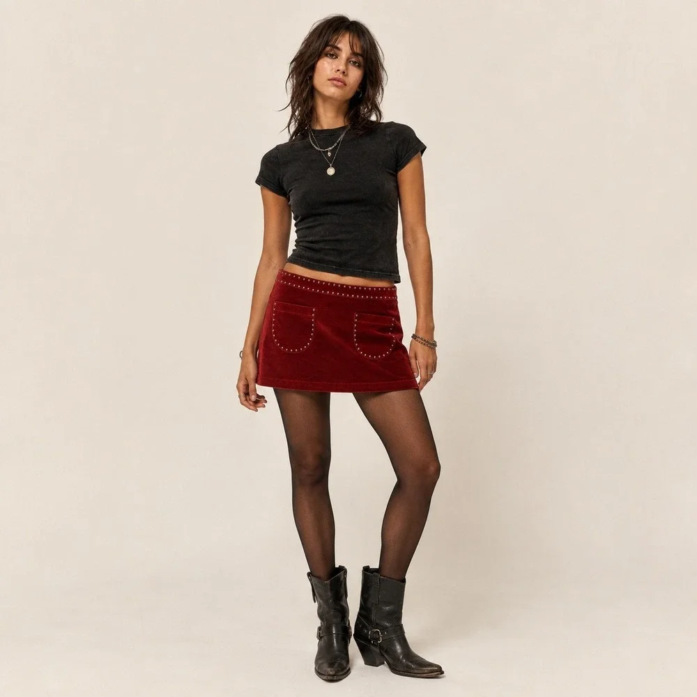 Mossimo Red Velvet Studded Mini Skirt Y2K Western Indie Sleaze Size 10